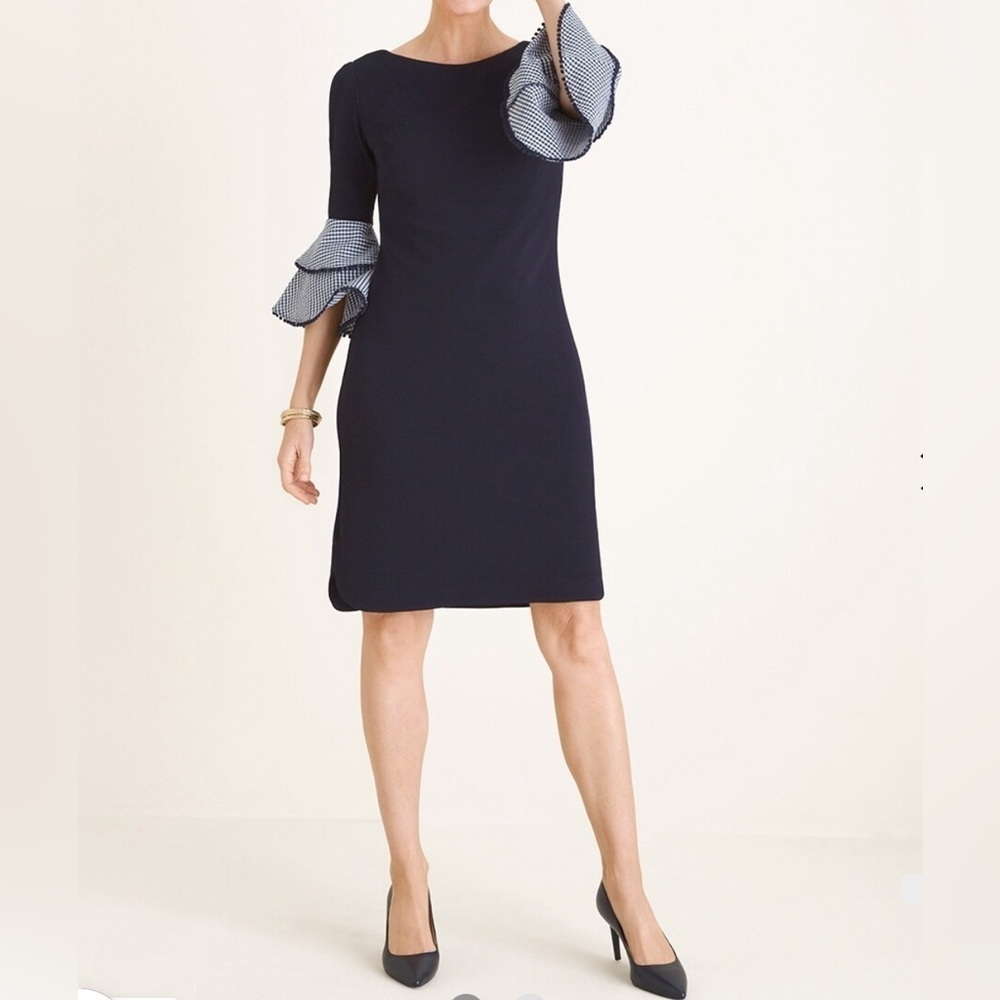 NWT Chico’s Gingham Ruffle Sleeves Navy Occasion Dress